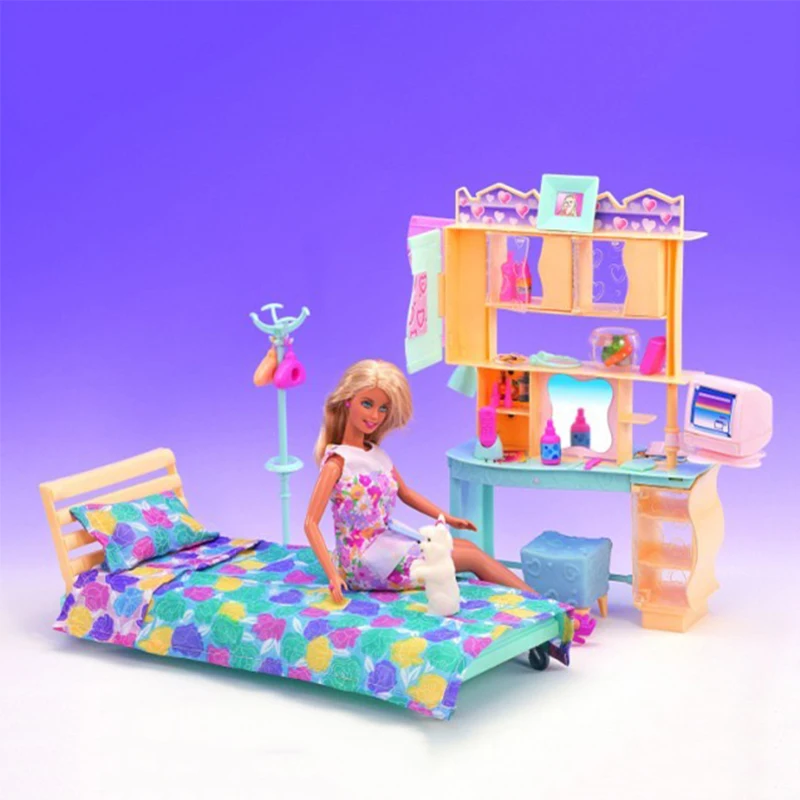 

Miniature Furnitures Suit Soft Yellow Bedroom Mini Accessories for Barbie Doll House Classic Toys for Girl Free Shipping