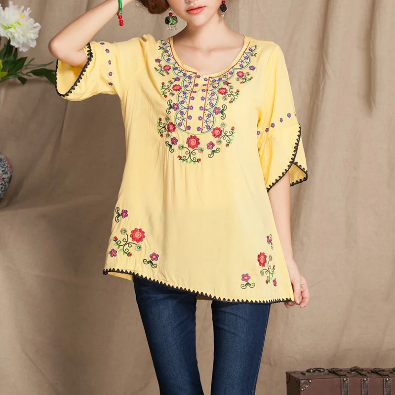 boho рубашки Для женщин модные блузки с короткими рукавами рубашка с цветочным узором Винтаж 70s мексиканская футболка в этническом стиле Готический вышитая блузка Для женщин