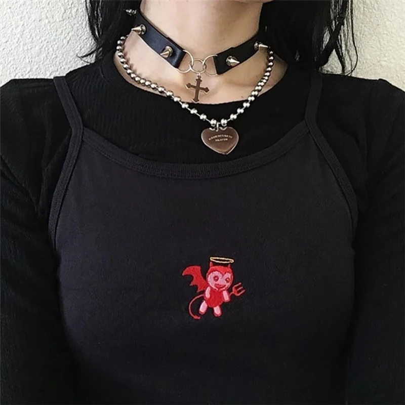 Женские модели, не скользящие рубашки, сексуальные короткие женские колготки с маленькими ремешками, женский топ с вышивкой в виде маленького дьявола