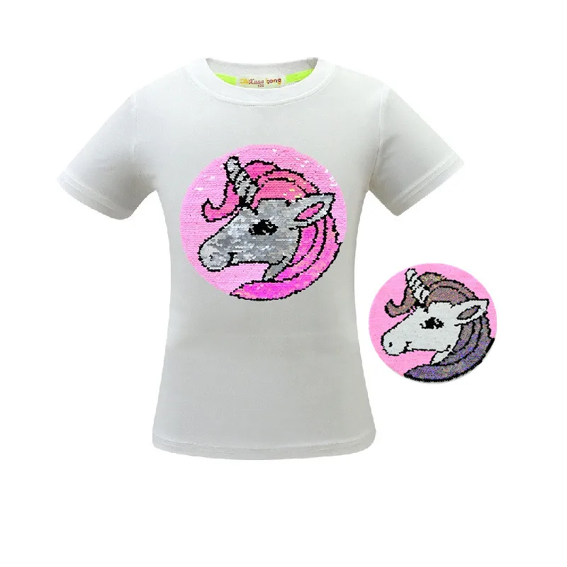 3488 White Футболка с единорогом летняя одежда для маленьких девочек Camiseta Unicornio, футболка топы для девочек, Femme, Детская футболка, Enfant, для дня рождения, цветная, с блестками - Цвет: 3488 White