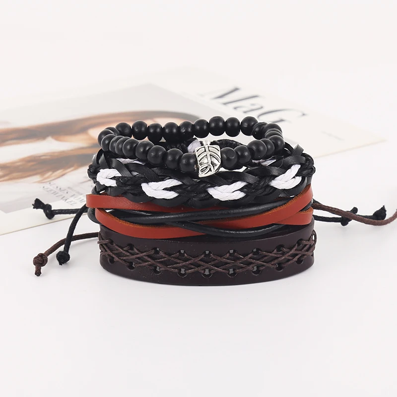 4pcs/set hippie punk black red dark brown leather braiding rope leaf charm onyx beads stackable Bracelets Bangles for man | Украшения и