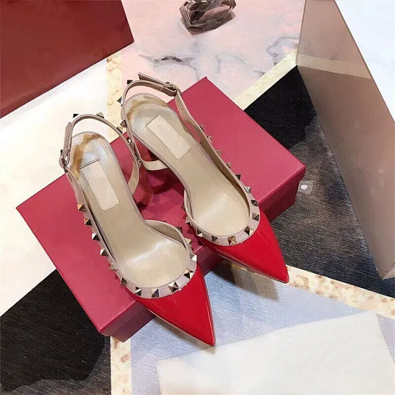 Red Shoes 8cm Женская обувь для вечеринок весенние туфли-лодочки на высоком каблуке с заклепками женские модельные туфли с острым носком без застежки на тонком каблуке обувь с ремешком сзади размера плюс DE - Цвет: Red Shoes 8cm
