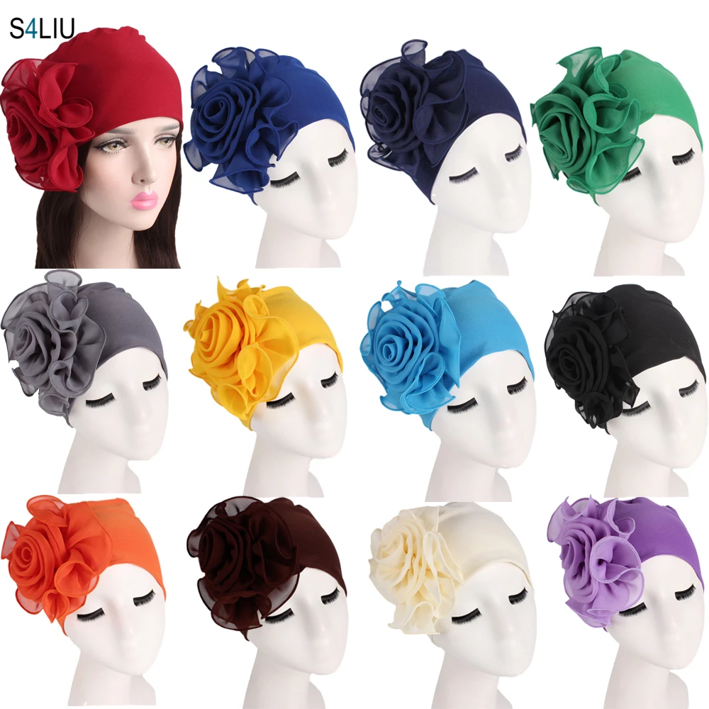 

New Muslim Women Flower Hat Stretch Beanie Turban Elastic Bonnet Chemo Hair Loss Cap Cancer Cap Headscarf Wrap African Bandanas