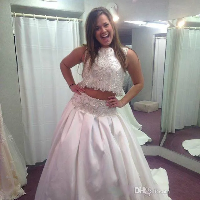 Bling 2016 Две Пьесы Свадебные Платья Кружева Атласная Блестками Кристалл Бисером