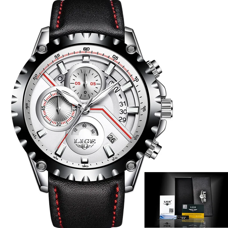 leather silver white Relojes Hombre LIGE, мужские спортивные часы, хронограф, кожаный ремешок, кварцевые армейские военные часы, часы для мужчин, лучший бренд, Роскошные мужские часы - Цвет: leather silver white