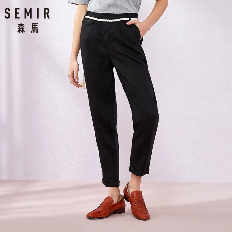 Женские повседневные льняные шаровары SEMIR черные с металлическим поясом