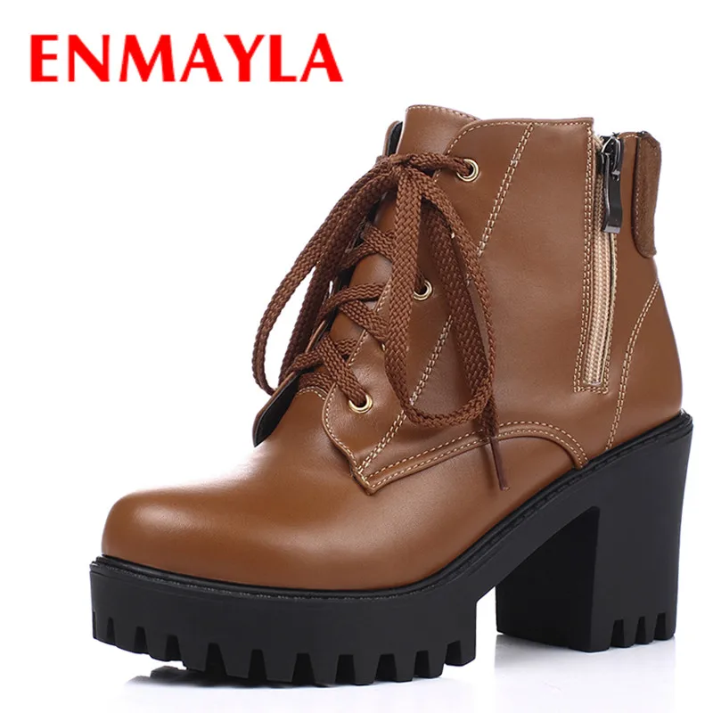 

Женские ботильоны на шнуровке ENMAYLA, черные, коричневые ботинки на платформе и высоком каблуке, рыцарские ботинки