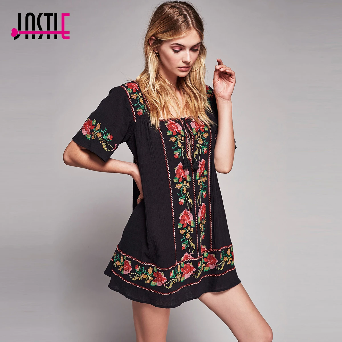 

Jastie Vintage Black Elegant Dress Bohemian Summer Dress Embroidery Mini Square Collar Robe Femme Boho Beach Style Vestidos 2017