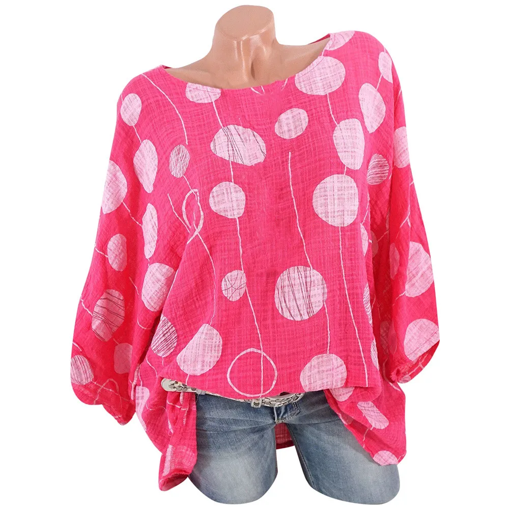 Hot Pink 5XL Плюс большой размер женские блузки летние топы размера плюс с длинным рукавом О-образным вырезом в горошек Блузка пуловер Женские топы и блузки#5 - Цвет: Hot Pink