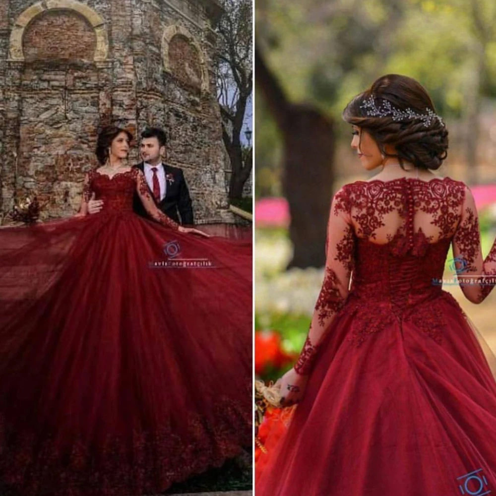 

red prom dresses 2020 sweetheart neckline long sleeve lace appliques burgundy floor length evening dresses
