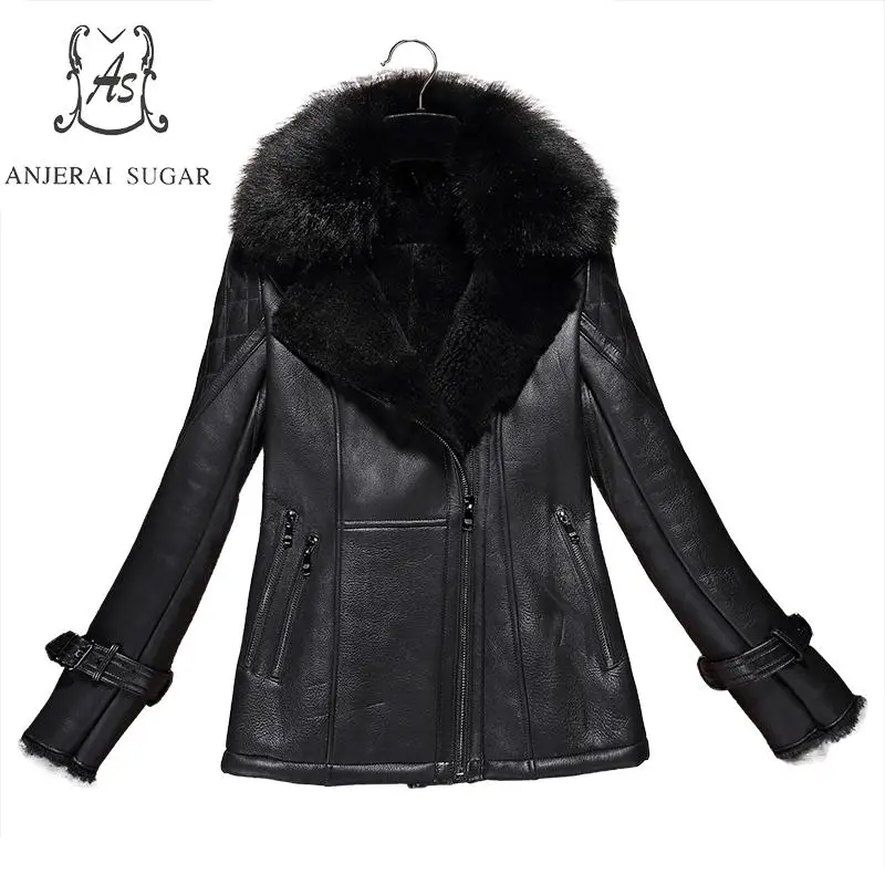 

Winter Sheep genuine leather fur jacket Women black sexy slim Fox feather collar short feminino natural mouton lamb fur coats