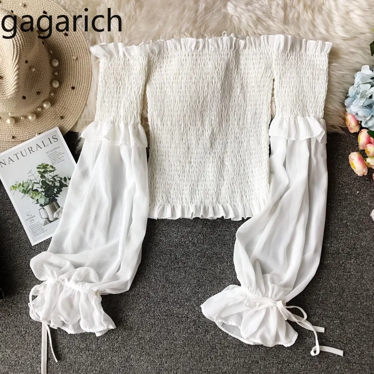 Женские топы с вырезом лодочкой Gagarich тонкая короткая Праздничная рубашка