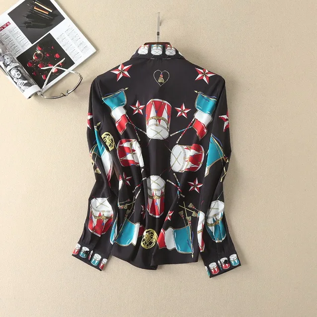 Блузка женская шифоновая с отложным воротником длинным рукавом и принтом