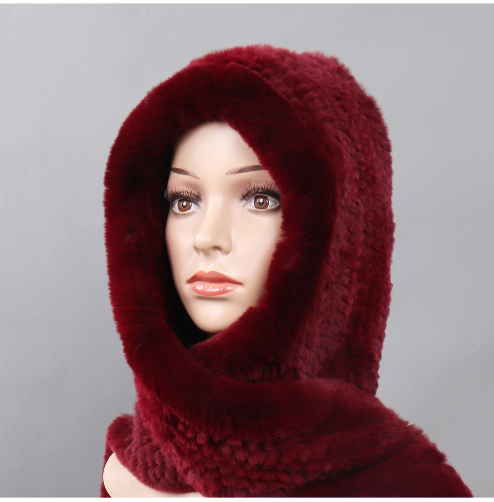 Новые русские женские шарфы с капюшоном из меха кролика рекс женские зимние теплые настоящий мех кролика шапки шарф вязаные шапки из натурального меха