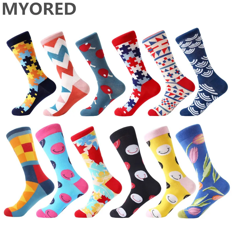 MYORED 12 пар/лот мужские носки из чесаного хлопка с мультяшным животным тигром harajuku