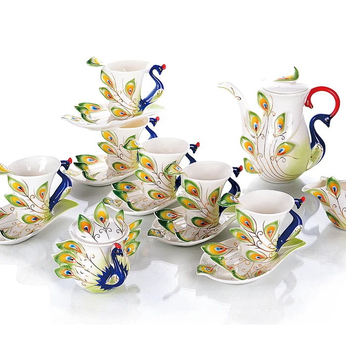 Фарфоровая эмалированная посуда для напитков [набор из 21 шт. 6 чашек + блюд ложек 1