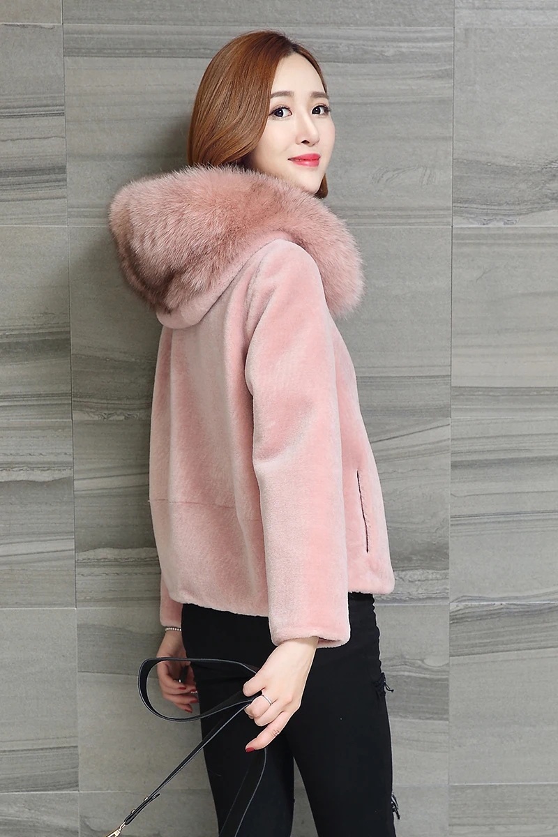 

Natural fox fur collar hooded women's thick warm winter wool coats outerwear women zipper pockets wool jackets 2019 new autumn