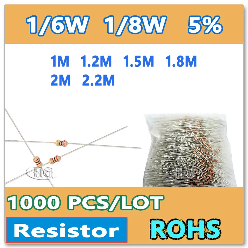 

JASNPROSMA 1000PCS/LOT 5% 1/6W 1/8W 1M 1.1M 1.2M 1.5M 1.8M 2M 2.2M carbon film DIP OHM 1 1.1 1.2 1.5 1.8 2 2.2 Resistor