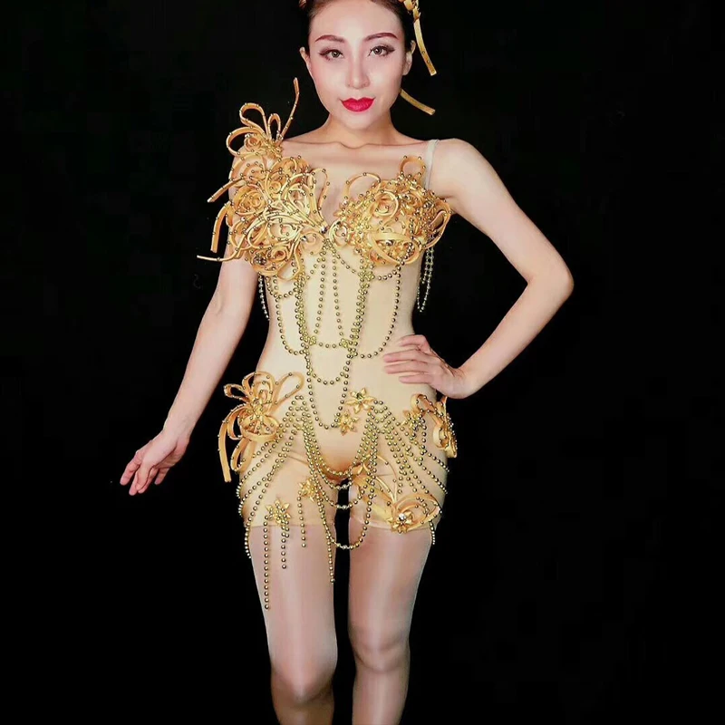 

2021 Women's New Gold Beading Stretch Bodysuit Evening Party Show Sexy Costume Stage Bodysuits Dance Wear Female Singer Outfit