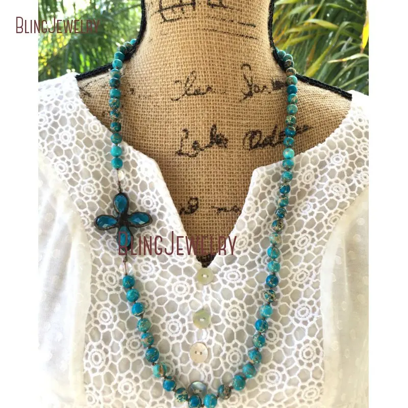 Ожерелье с узелками Boho Aqua Teal ожерелье с припаянным кристаллом с боковым крестом кулон Boho длинное многослойное ожерелье NM26772