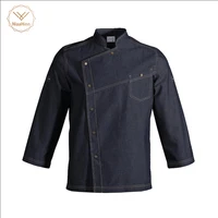 high quality fashion hote restaurant kitchen long sleeve thin denim jean chef jacket for man with adjustable sleeves 2018