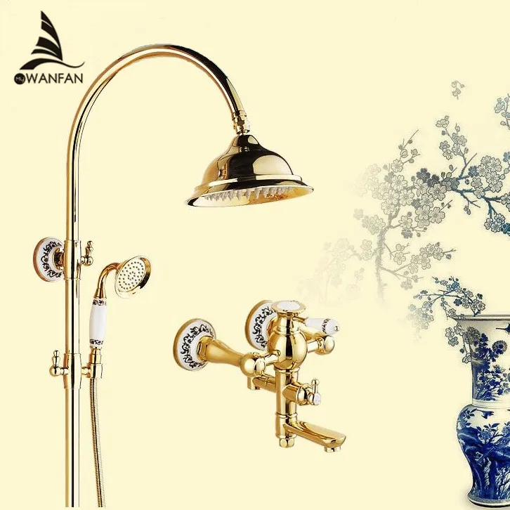 

Shower Faucets Luxury Gold Brass Bathroom Shower Faucet Set Rainfall Head Single Ceramic Handle Tub Mixer Shower Tap SE-1688K