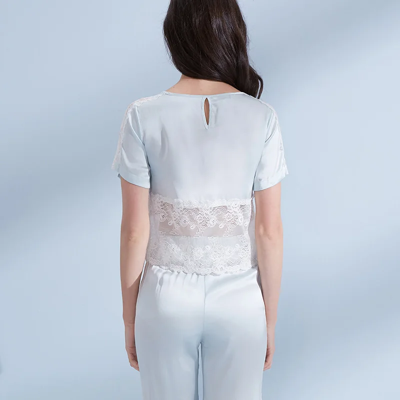 Summer Pure Real Silk Pajamas Set Women Sexy Lace Short Sleeves Top + Pants Nightwear Sleepwear Homewear Pijama Femme Pyjama