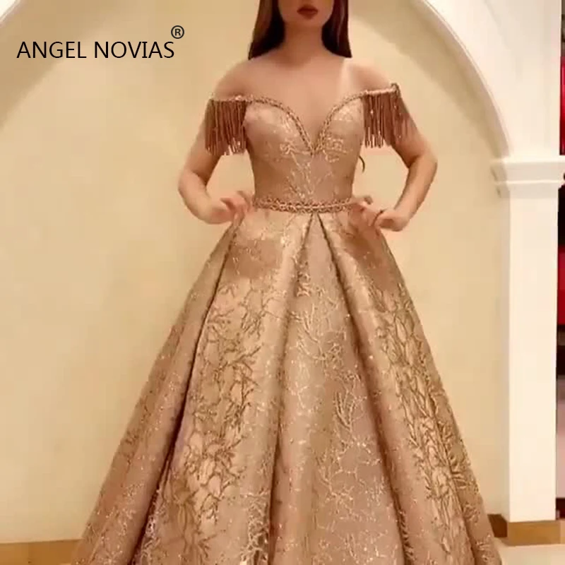 ANGEL NOVIAS Длинное Элегантное Пышное Золотое блестящее кружевное кафтановое арабское вечернее платье с кисточками sukienka dluga