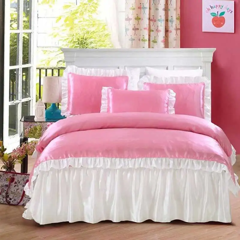 luxury large Home Textile Satin Silk Bed Sheet quilt linen fabric bedclothes bed skirt duvet cover Pillowcase King Queen size | Дом и сад