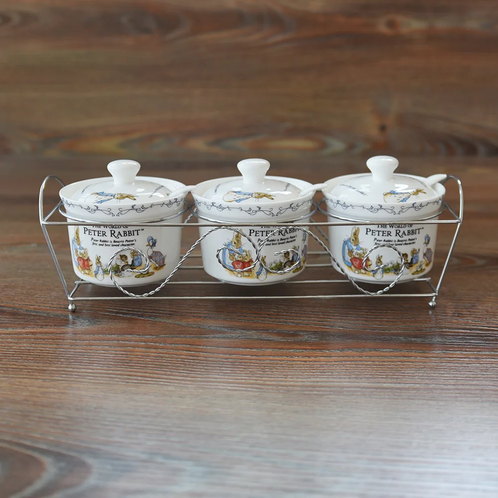 Set With Hob Британский Стиль Питер Кролик костяной фарфор сахарница набор железная рамка приправа Sucrier горшок Miel солонка Suikerpot jam банки - Цвет: Set With Hob