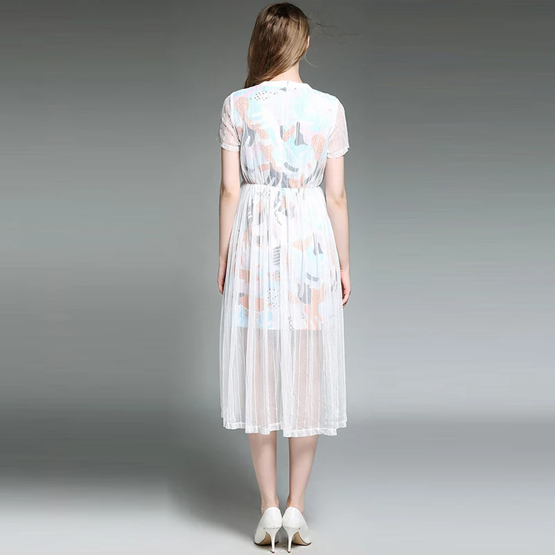 Сетчатые Print Swing Dress Для женщин белый короткий рукав Повседневная обувь для