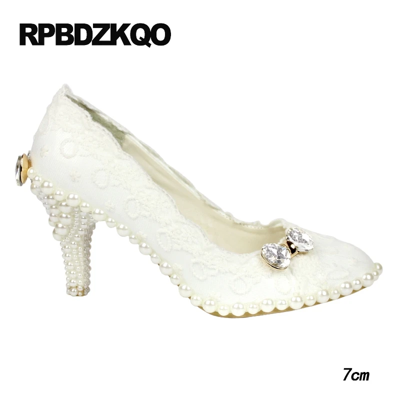 свадебный высокие каблуки Плюс размер насосы стилет кристалл белый жемчужный