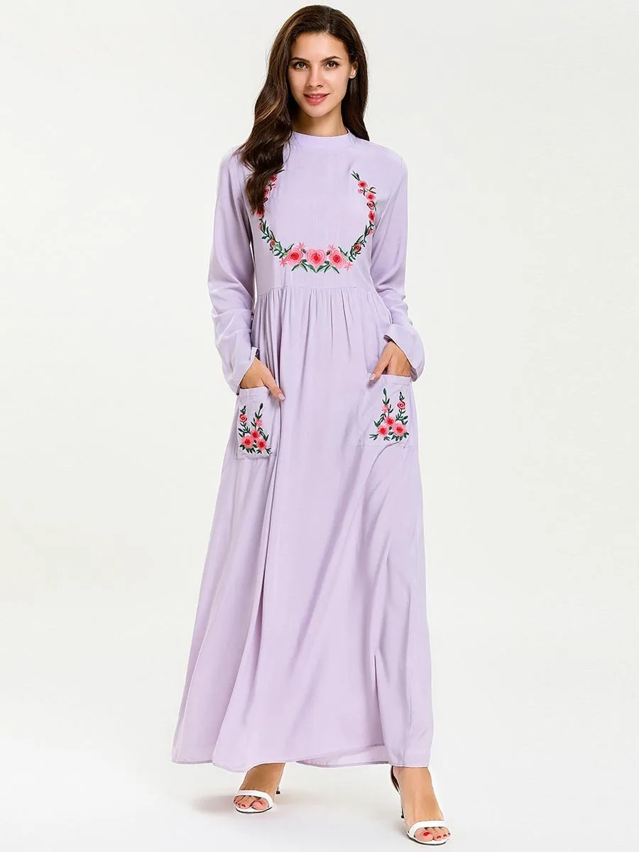 Длинное мусульманское платье макси Abaya Дубаи длинный рукав с вышитым карманом