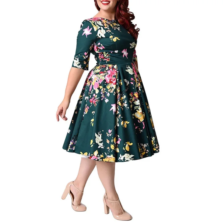 

Wipalo Large Size 3XL to 9XL Women Dress Vintage Zipper Floral Print Tunic Big Swing Dress Plus Size Dresses For Women 2 Colour