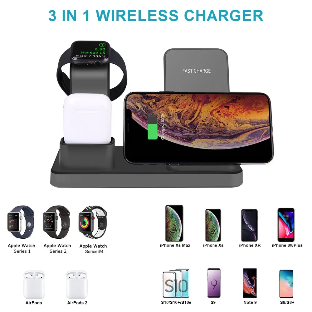 3 в 1 Qi быстрая Беспроводная зарядная станция совместима с Apple Watch& AirPods для IPhone 8 9 Xs Max для samsung S9/10 Note 9