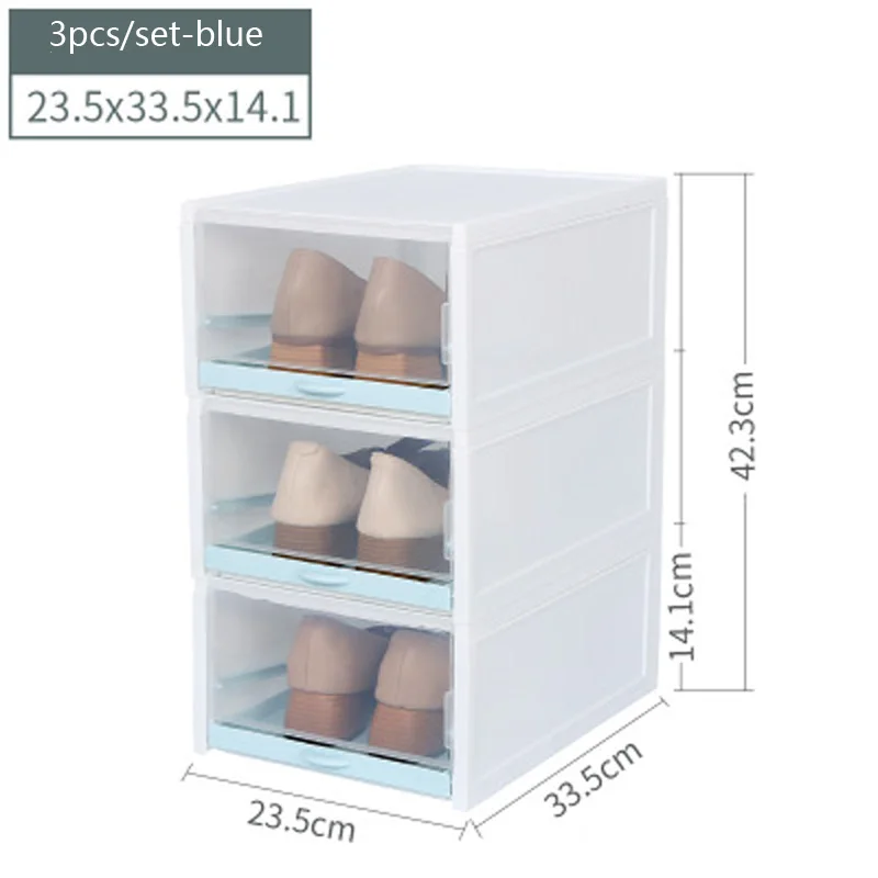blue 3pcs pack Пластиковая коробка для хранения женской обуви, чехол-контейнер, прозрачные складные коробки для обуви, органайзер для шкафа, откидной ящик - Цвет: blue 3pcs pack