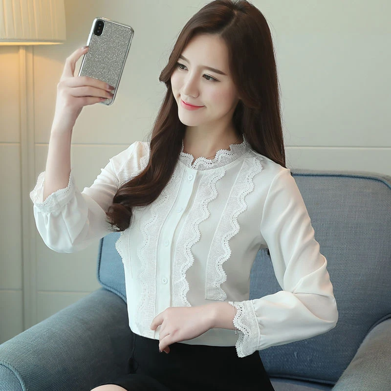 Lace blouse Autumn New blusa feminina Women tops long sleeved Korean Office lady Chiffon shirt Ruffles clothing DF2376 | Женская одежда