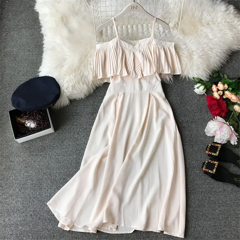 Женское платье на бретельках LUOSHA плиссированное с открытыми плечами и оборками