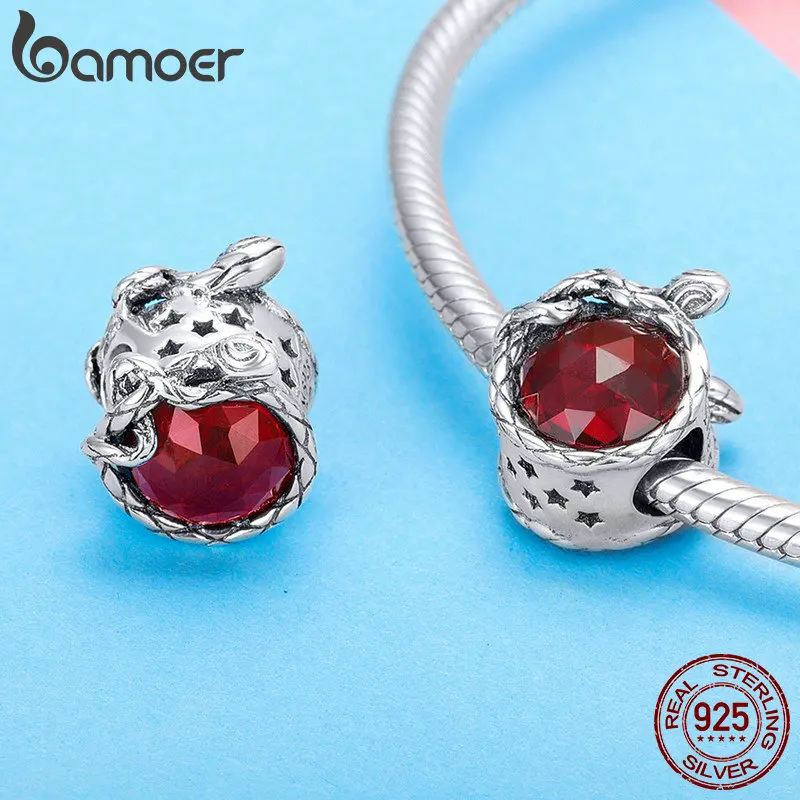 BAMOER, подлинный 925 пробы, Серебряный цветок розы, Красный кубический циркон, бусины, шарм, подходят для браслетов, браслеты, сделай сам, изготовление ювелирных изделий SCC910