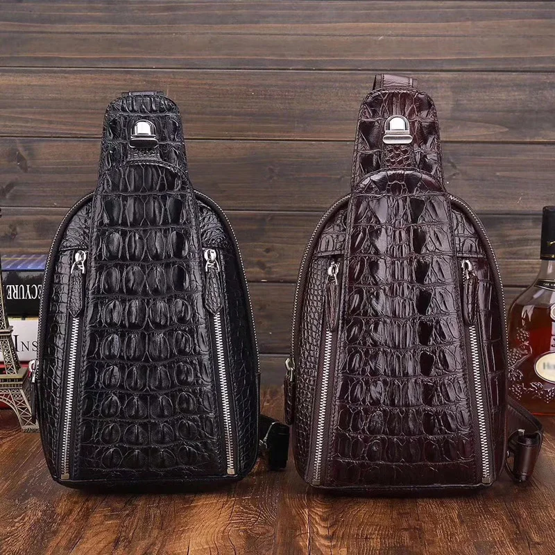 McParko Genuine Crocodile Chest Bag Men Leather Crossbody Bags Luxury Alligator Chest Bag Hip Hop Punk Gothic Rock Chestbag Male