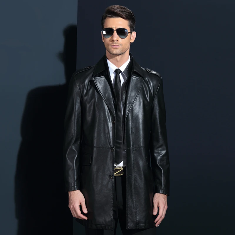 Winter Men pu Leather Long Jackets Business Casual Turn-Collar Thick Outwear and Coats Chaqueta Cuero Hombre | Мужская одежда