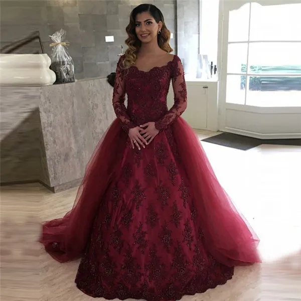 AE1281 халат de soiree с длинными рукавами, съемные тюлевые кружевные платья для выпускного вечера vestido de festa, карнавальное вечернее платье, торжественное вечернее платье - Цвет: burgundy
