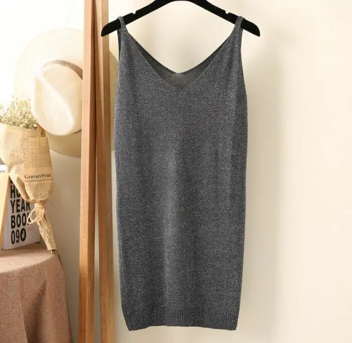 dark grey Летние женские модные тонкие вязанные Длинные Топы, женские камзол без рукавов, футболки с блестящими вискозными вязанными ZY0382 - Цвет: dark grey