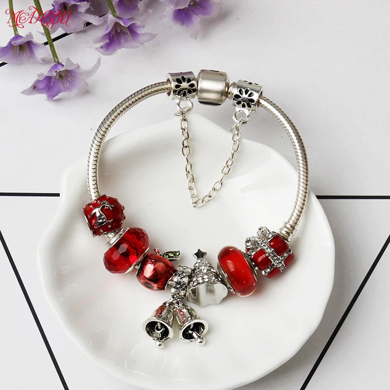 MaHeu Safety Clasp Charm Bracelets Silver Exquisite Red Crystal Beads Bells Pendant Christmas Tree Bead Fit Gift For Women&ampGirl |
