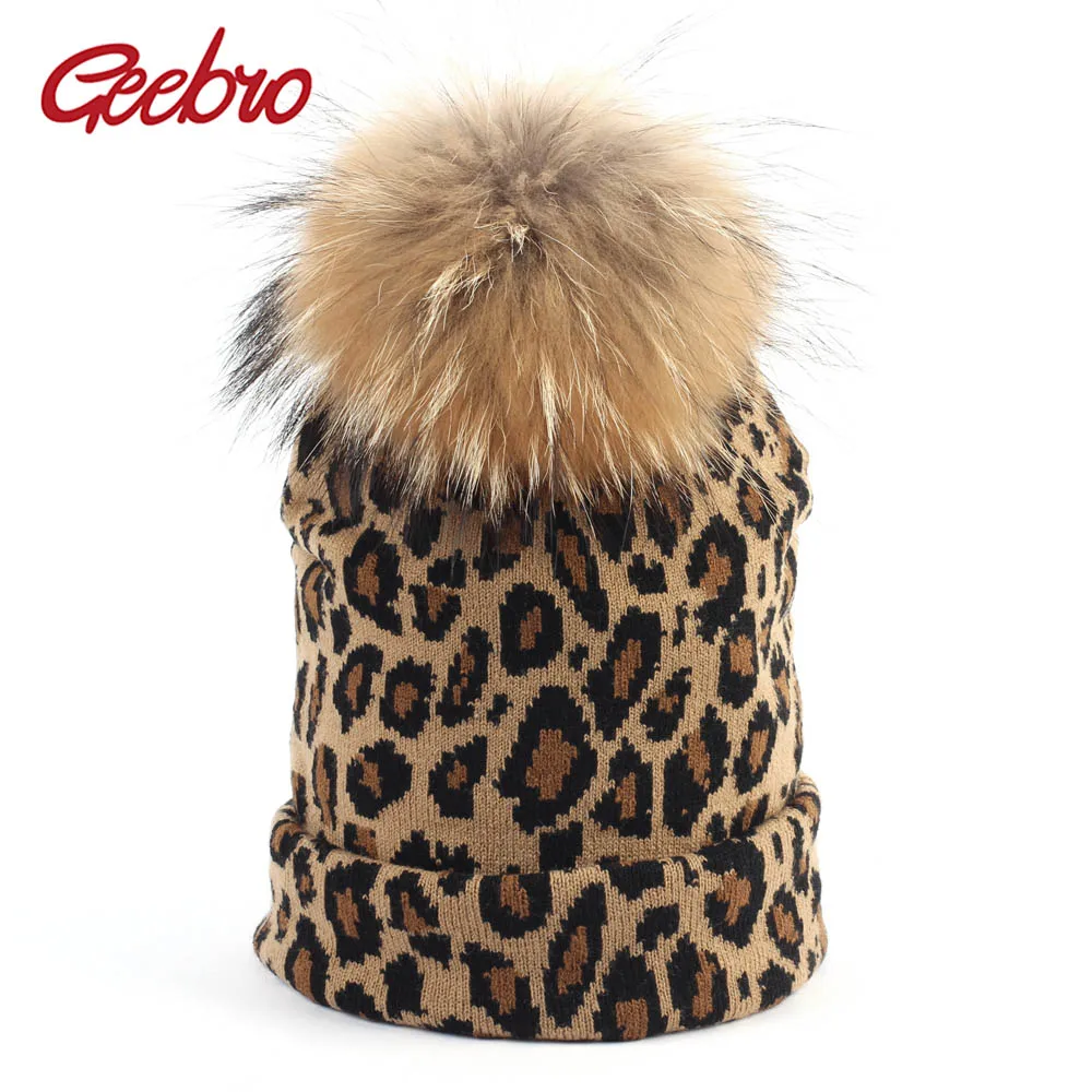 

Geebro Women's Leopard Beanie Hat with Pompom Winter Warm Printing Slouchy Beanies with Raccoon Fur Pompom Femme Skullies&Beanie