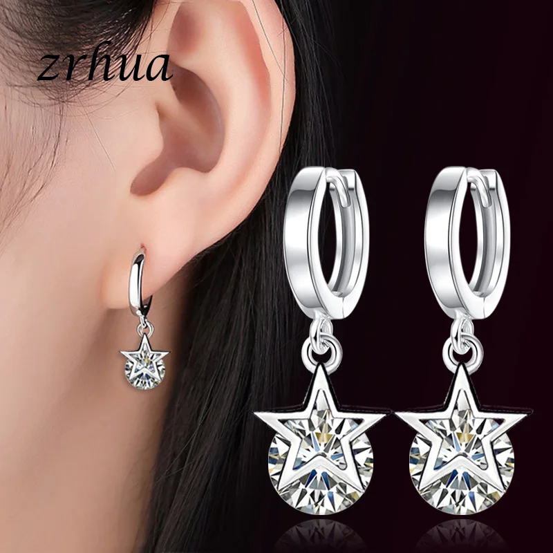 Женские серьги-кольца из серебра 925 пробы со звездой | Украшения и аксессуары