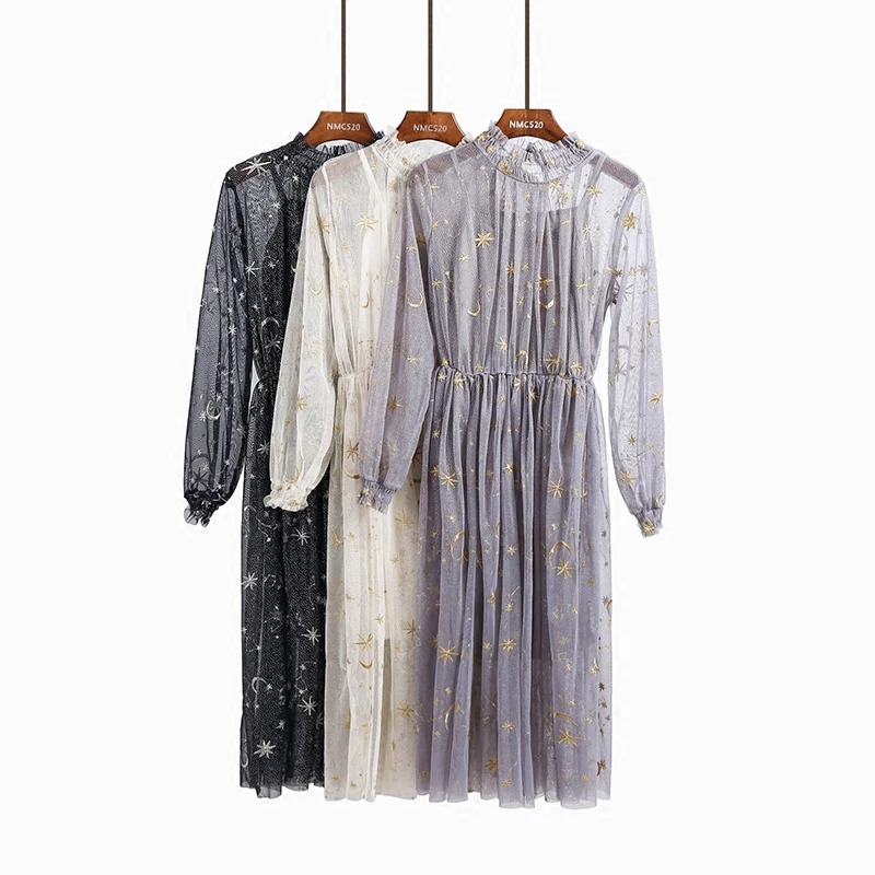 Женское кружевное платье с О образным вырезом весенне осеннее вышивкой