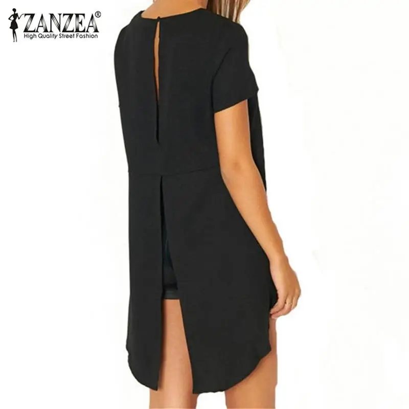 Zanzea, сексуальные блузки, летние женские блузки, шифон, с разрезом, открытая спина, короткий рукав, топы, повседневные, свободные, нестандартные рубашки размера плюс
