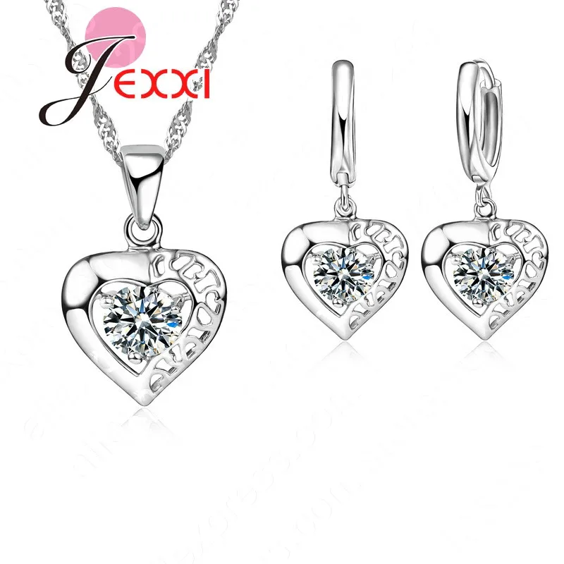 

High Quality Gift 925 Sterling Silve Clear CZ Hollow Out Heart Love Pendant Necklace Drop Earring For Woman Wedding Set