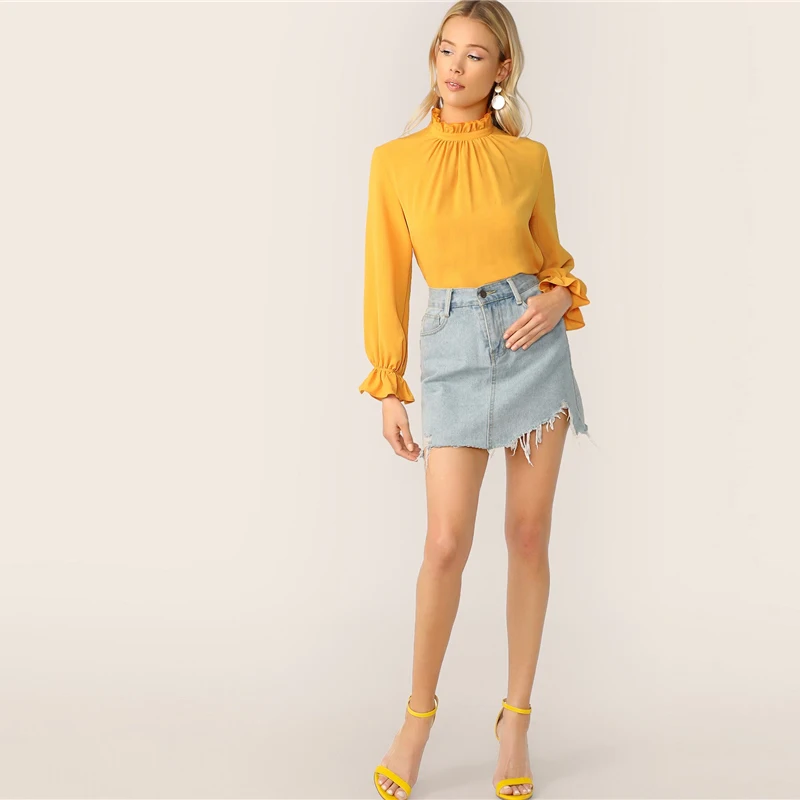 SHEIN модный топ с оборками на шее и манжетах, блузка с длинными рукавами и воротником-стойкой для женщин, весна-осень